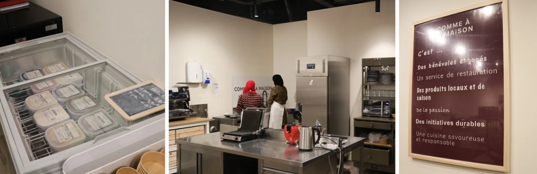 Trois images du restaurant "Comme à la maison", avec affiches de la philosophie du lieu, un bac à glaces et des salariées en cuisine
